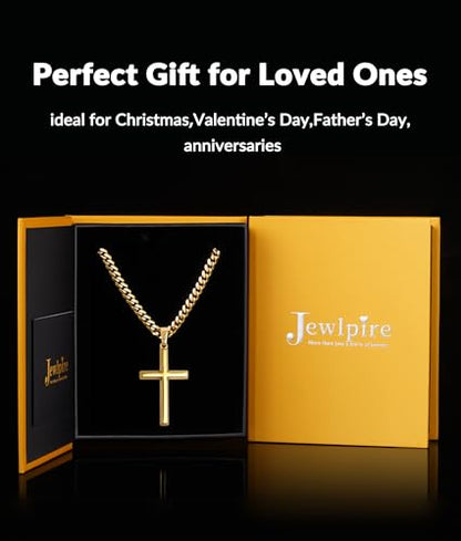 Jewlpire 925 Sterling Silver Cross Necklace for Men, 18k Gold Plated Sterling Silver Cross Necklace with 4mm Stainless Steel Cuban Link Chain for Men, Mens Necklace 16 18 20 22 24 26 Inch - color: Gold Cross Pendant