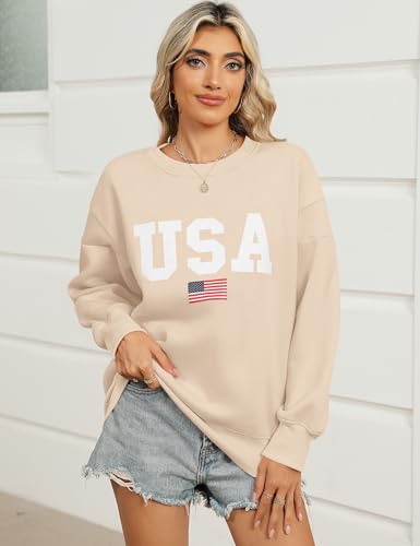 Micoson Women's Oversized USA Graphic Letter Print Sweatshirts Crewneck Patriotic Fleece Pullover Tops Winter Sweater - color: Apricot, size: Large