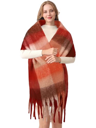 HOTIAN Women's Large Scarf Colorful Chunky Plaid Scarves Soft Winter Thick Tassel Warm Wrap Shawl - color: Reddish Brown