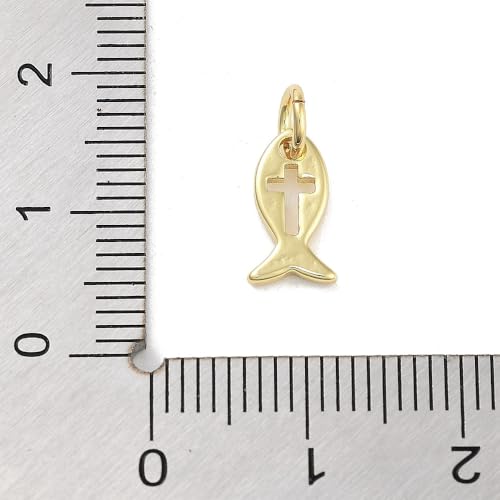 KitBeads 10Pcs Brass Christian Fish Charms Hollow Jesus Cross Gold Plated Crucifix Fish Charms for Bracelets Necklaces Crafts Jewelry Making