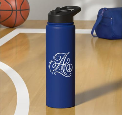 fancy Italic script Initial Letter A minimalist peace symbol Stainless Steel Insulated Water Bottle - color: Royal Blue