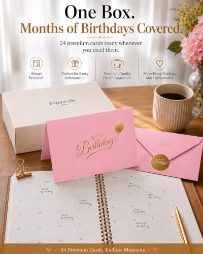 Happy Birthday Cards with Envelopes and Stickers, 24 Pack, Dusty Pink Greeting Cards with Gold Foil Balloon Design, Elegant Birthday Card Set for Friends, Family, Clients (Dusty Pink) - color: Dusty Pink