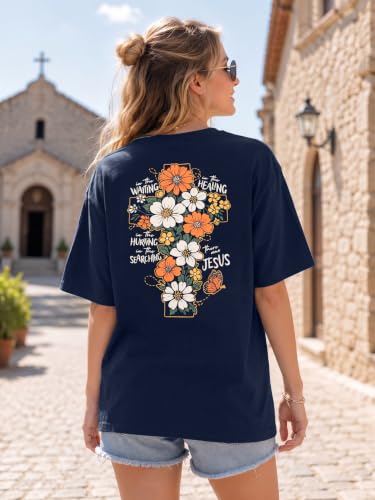 Christian Shirts Women Oversized Jesus God T Shirts Bible Verse Tees Tops - color: A-navy, size: X-Large