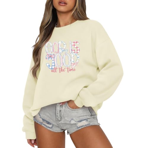 Christian God Is Good Sweatshirts for Women Jesus Bow Bible Verse Sweatshirt Faith Religious Graphic Hoodies - color: Apricot, size: XX-Large