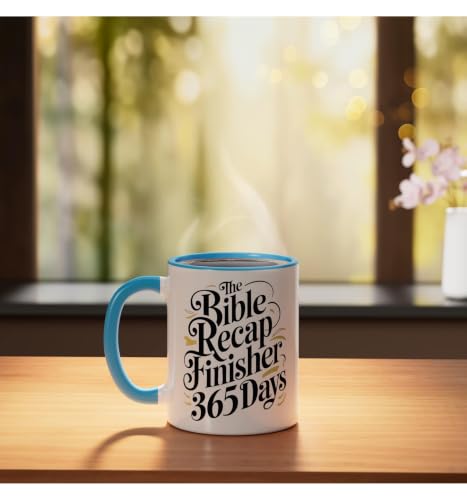 The Bible Recap Finisher 365 Days Funny Jesus Youth Ceramic Mug, Blue/White - color: Blue/White, size: 11 Ounces