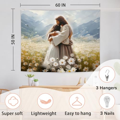 AQYIP Jesus Hugs Woman Christian Tapestry, Daisy Flower Field Jesus Tapestry Decorative, Christian Room Decor, Religious Wall Tapestries Blanket Decor for Home Office Church, 50x60 Inch - color: jesus