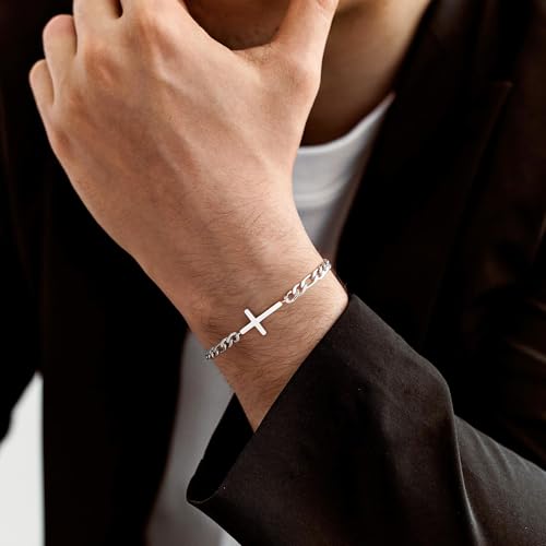 M MOOHAM Cross Bracelet for Men, Silver/14K Gold Plated Mens Bracelet - color: Silver Plated Figaro Chain-8.3Inch