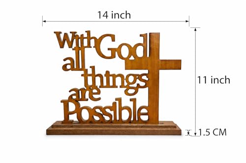 With God All Things Are Possible Wood Plaque – Matthew 19:26 Bible Verse Sign with Stand – Laser-Cut Scripture Cross Decor – 14×11 Inch MDF Walnut Finish – Christian Tabletop Desk Shelf Display Gift
