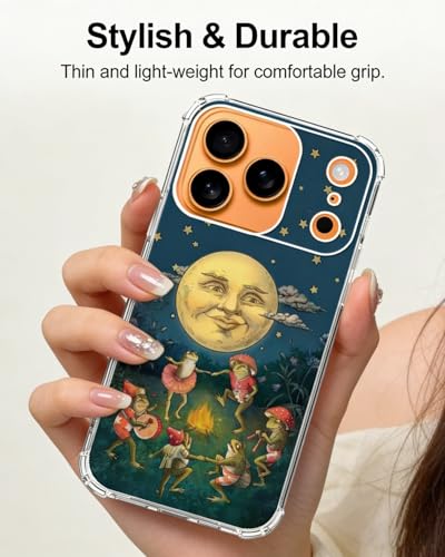 Hippie Moon and Dancing Frogs Phone Case Compatible with iPhone 17 Pro Max, Toads Concert Bonfire Party Phone Cover for iPhone 17 Pro Max, Trendy TPU Bumper Phone Cover Case - color: Frogs Party