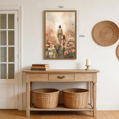Snlihc Wood Framed Jesus with Little Girl Walk Nursery Wall Art 12x16 in - color: Girl(Wood), size: 16"L x 12"W