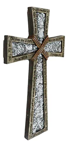 Ebros Gift 16" Tall Rustic Western Faux Wooden Holy Bible Scriptures with Braided Ropes and Ornate White Lace Stencil Antique Design Decorative Wall Cross Hanging Decor Plaque