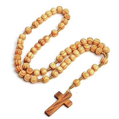 COLORFUL BLING Natural Wooden Catholic Rosaries Wood Crucifix Prayer Beads Pendant Necklace Prayer Jesus Religious Cross Rosary Necklace Handmade Jewelry - color: light textured