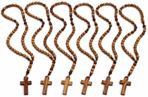 Zuluf Olive Wood Catholic Rosary Set of 6 - Holy Land Israel Wooden Prayer Beads with Traditional Cord & Wooden Cross, Bulk Religious Rosaries for Church, Sacraments, Baptism, Confirmation, Rosarios Católicos