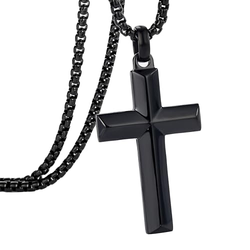 Stainless Steel Cross Necklace for Men with Adjustable Box Chain Christian Cross neckalce Gift - color: Black