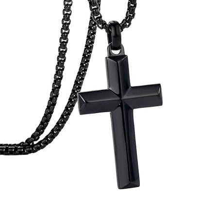 Stainless Steel Cross Necklace for Men with Adjustable Box Chain Christian Cross neckalce Gift - color: Black