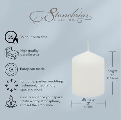Stonebriar 3 Pack Tall 3 x 4 Inch 35 Hour Long Burning Unscented White Wax Pillar Candles - size: 3 x 4 inches, style: Pack of 3