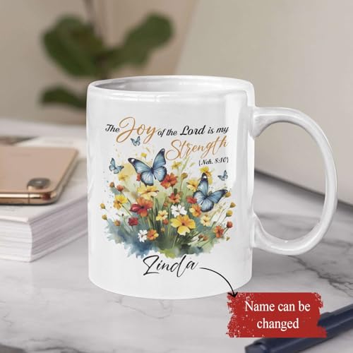 Butterfly And Flowers Design Mug, Custom Name Christian Themed Mug, Customized Bible Verse Bible Verse Mug, Personalized Inspirational Cup 11Oz Or 15Oz, Gifts For Christian Women - color: TRI-1223-1148-GOD IS MY STRENGTH MUG
