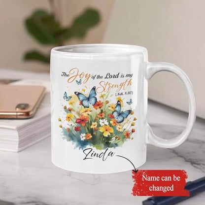 Butterfly And Flowers Design Mug, Custom Name Christian Themed Mug, Customized Bible Verse Bible Verse Mug, Personalized Inspirational Cup 11Oz Or 15Oz, Gifts For Christian Women - color: TRI-1223-1148-GOD IS MY STRENGTH MUG