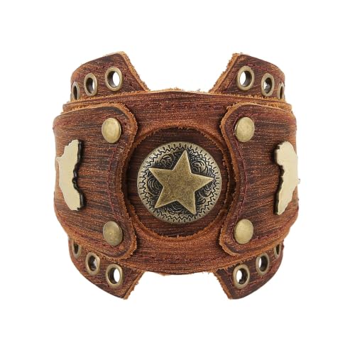 HZMAN Leather Bracelets Retro Men's Leather Cuff Bracelet Adjustable Wide Wristband Bracelet Jewelry Gift - color: Brown - Five-pointed Star