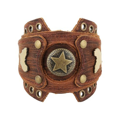 HZMAN Leather Bracelets Retro Men's Leather Cuff Bracelet Adjustable Wide Wristband Bracelet Jewelry Gift - color: Brown - Five-pointed Star