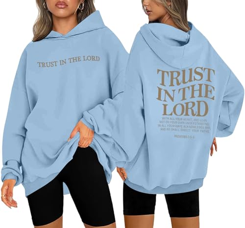 UNIQUEONE Trust in the Lord Christian Hoodies - Faith Religious Graphic Sweatshirts Women Bible Verse God Pullover Tops - color: Blue, size: XX-Large