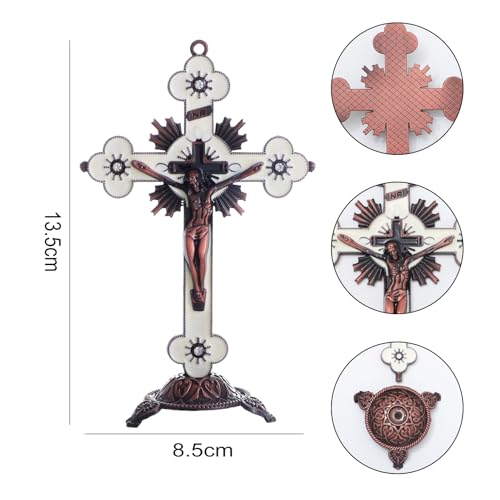KOMI Catholic 5 Inch Metal Jesus Cross Stand, White Tabletop Crucifix for Home Office Church, Religious Decor - color: white-copper