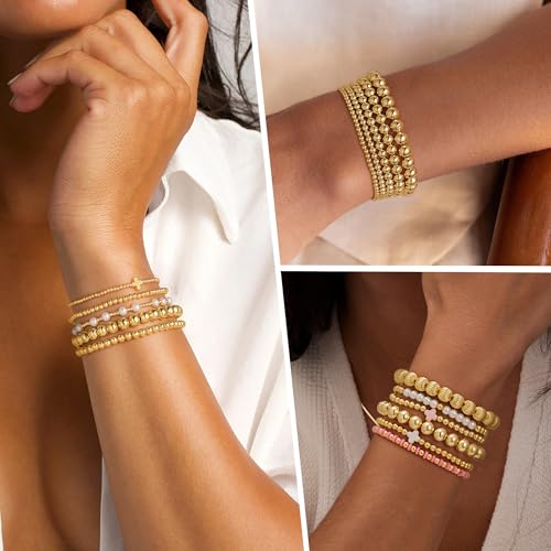 Yoosteel Gold Beaded Bracelets for Women Teen Girls, Gold Plated Jewelry - color: Bead (4/5/6mm) + Pearl (4/5/6mm) - 5pcs