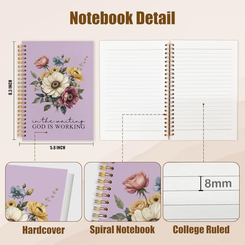WUCHJ Purple Boho Floral Christian Notebook Journal,Purple Journal God,Bible Verse Journal, in the Waiting God Is Working Religious Spiral Notebook Journal for Note Taking, Christian Faith Gifts for Women, 5.5x8.3 Inch - color: Purple god is working