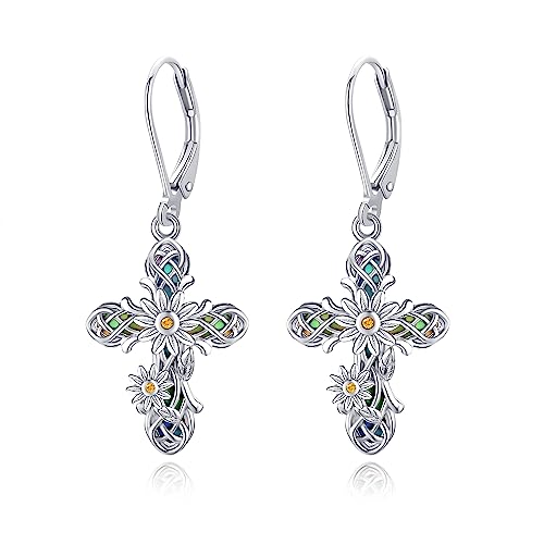 Cross Earrings 925 Sterling Silver Cross Dangle Drop Earring Gifts for Women sunflower