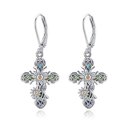 Cross Earrings 925 Sterling Silver Cross Dangle Drop Earring Gifts for Women sunflower