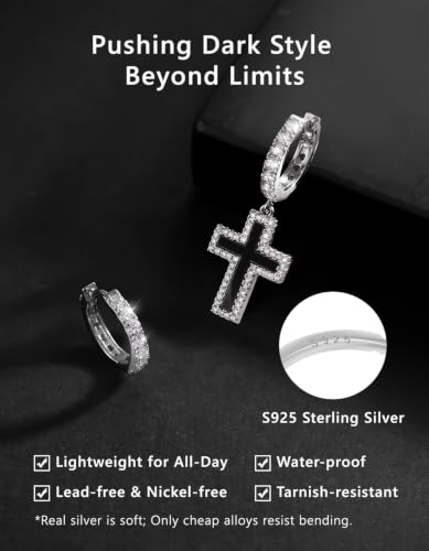 KRKC&CO Dangle Cross Earrings for Men, Sterling Silver Plated Black Drop - color: Silver-D