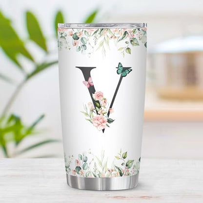Personalized Initial V Tumbler 20oz, Monogrammed Gift for Women Birthday Mothers Day Religious Gift, Personalized Christian Gift for Women Initial Coffee Mug - style: Initial V cup