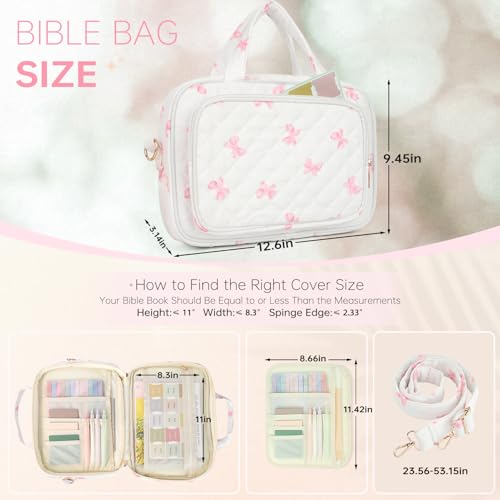 Bible Cover Case for Women Bible Study Supplies Church Camp Essentials Christian Gifts for Women Journaling Kit Quilted Large Bible Book Sleeve (Pink Bow, Large) - color: Pink Bow
