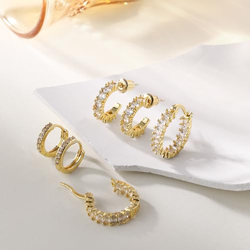 Rotnso Gold Hoop Earrings Set for Women Hypoallergenic Trendy Huggie Stack - style: 3 Pairs CZ Hoops-GD