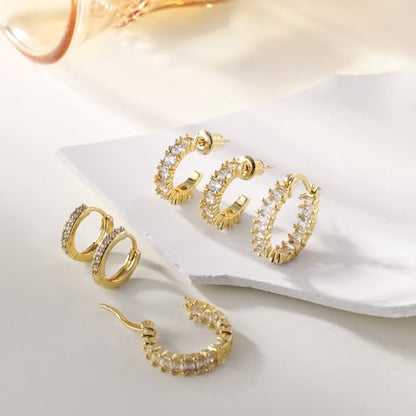 Rotnso Gold Hoop Earrings Set for Women Hypoallergenic Trendy Huggie Stack - style: 3 Pairs CZ Hoops-GD