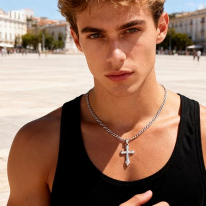 ALEXCRAFT Gold Cross Necklace for Men,14K Gold Plated Cross Pendant Necklace Cuban Chain Stainless Steel Cross Necklace Faith Cross Jewelry Gift Minimalist Trendy Pendant Necklaces - color: Silver