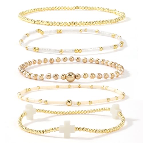 Gold Beaded Bracelets Stack for Women Stackable 14K Gold Plated Beads Ball Cross Bracelet Boho Christian Jewelry Faith Friendship Birthday Gifts for Women - color: White