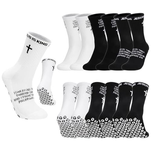 4/6 Pairs Christian Anti Slip Bible Verse Cross Print Socks - color: Black & White 4:13