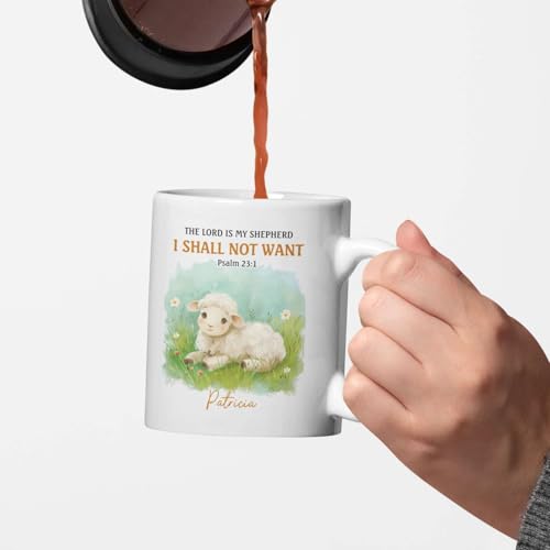 Adorable Lamb Illustration Mug, Customized Religious Cup For Grandparent, Personalized Christian Coffee Mug With Name, Novelty Bible Verse Ceramic Cup 11oz 15oz, Custom Christian Mug - color: HOA-624-2163-MY SHEPHERD MUG
