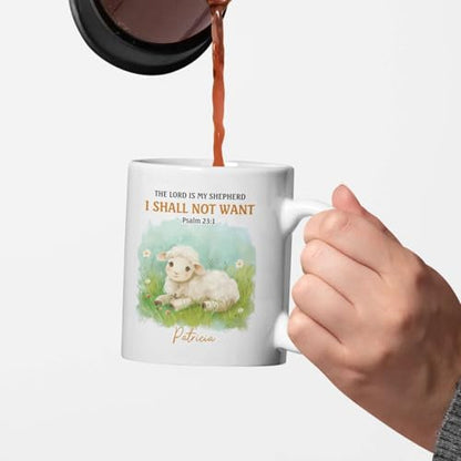 Adorable Lamb Illustration Mug, Customized Religious Cup For Grandparent, Personalized Christian Coffee Mug With Name, Novelty Bible Verse Ceramic Cup 11oz 15oz, Custom Christian Mug - color: HOA-624-2163-MY SHEPHERD MUG