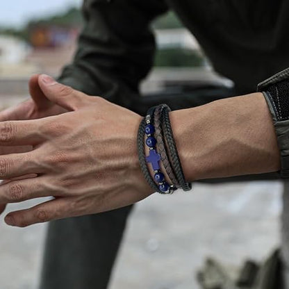 Men's Leather & Lapis/Onyx/Turquoise/Tiger Eye Cross Bracelet - Braided Christian Jewelry for Men, 8.3" & 9.1" Sizes - color: Lapis Lazuli, size: 8.3in(Fits most wrists; Recommend!)
