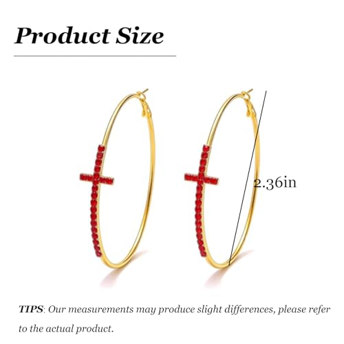 Large Cross Hoop Earrings for Women Sparkly Rhinestone Statement Jewelry for Prom Wedding Party Night Out Accessories Shiny Silver Tone Fashion Dangle Earings - color: Red