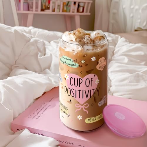 SANDJEST Inspiration Gifts - Glass Tumbler 16oz with Acrylic Lid and Straw - Iced Coffee Cups for Women, Aesthetic Glass Cup Gift for Birthday Christmas - color: Inspiration 4