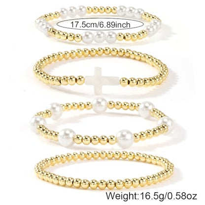 Gold Beaded Bracelets Stack for Women Stackable 14K Gold Plated Beads Ball Cross Bracelet Boho Christian Jewelry Faith Friendship Birthday Gifts for Women - color: White Cross