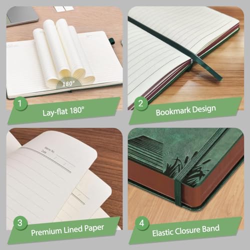 A5 Fishing Lake Landscape Leather Journal, 300 Pages Lined Notebook, Green Vintage Pattern Hardcover Notebook for Travel Diary, Business, Work and School Daily Writing - style: Fishing