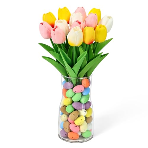 Spring Easter Decorations 12 Artificial Tulips with Easter Colorful Eggs and 1 Vase for Easter Centerpiece Table Decorations Home Kitchen Indoor Decoration