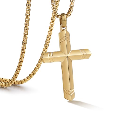 Stainless Steel Cross Necklace for Men with Adjustable Box Chain Christian Cross neckalce Gift - color: Gold-B