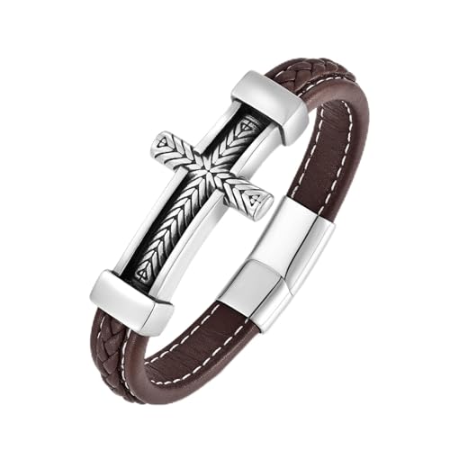 Leather Cross Bracelet Braided Faith Bangle for Men, 8.3 &9.1 Inch - color: 07.brown leather; Style: wheat cross, size: 9.1in(Fits larger wrists)