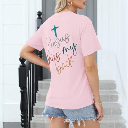 Tuislay Christian Shirts for Women Jesus Has My Back Tshirt God Bible Verse Shirt Faith Cross T Shirts Inspirational Tees Top - color: Pink, size: X-Large