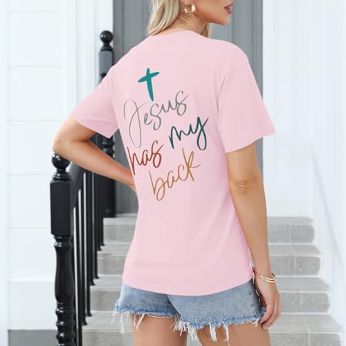 Tuislay Christian Shirts for Women Jesus Has My Back Tshirt God Bible Verse Shirt Faith Cross T Shirts Inspirational Tees Top - color: Pink, size: Small